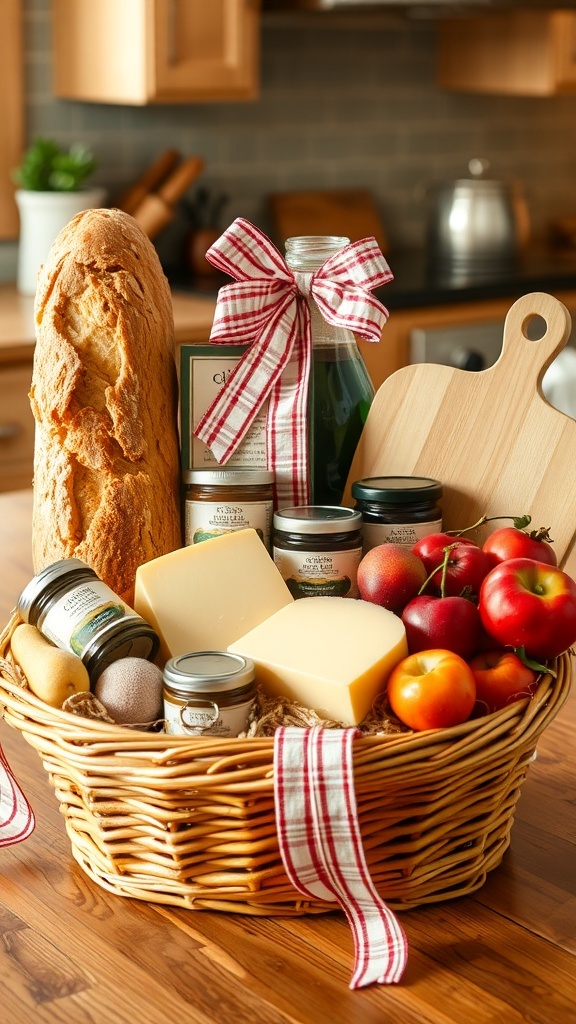 A decorative gift basket with sourdough bread, gourmet cheeses, jam, and fruits.